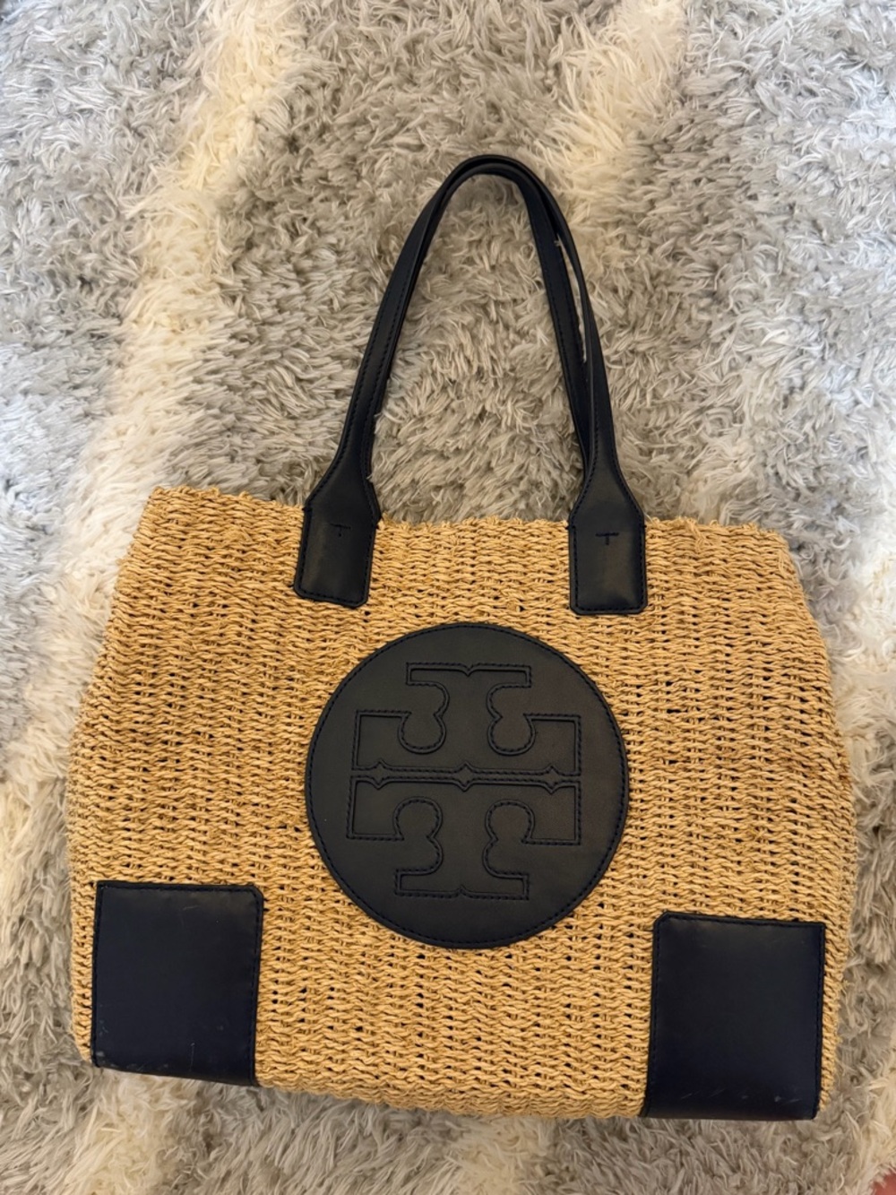 Tory Burch Natural Straw Tote with Navy Leather Trim